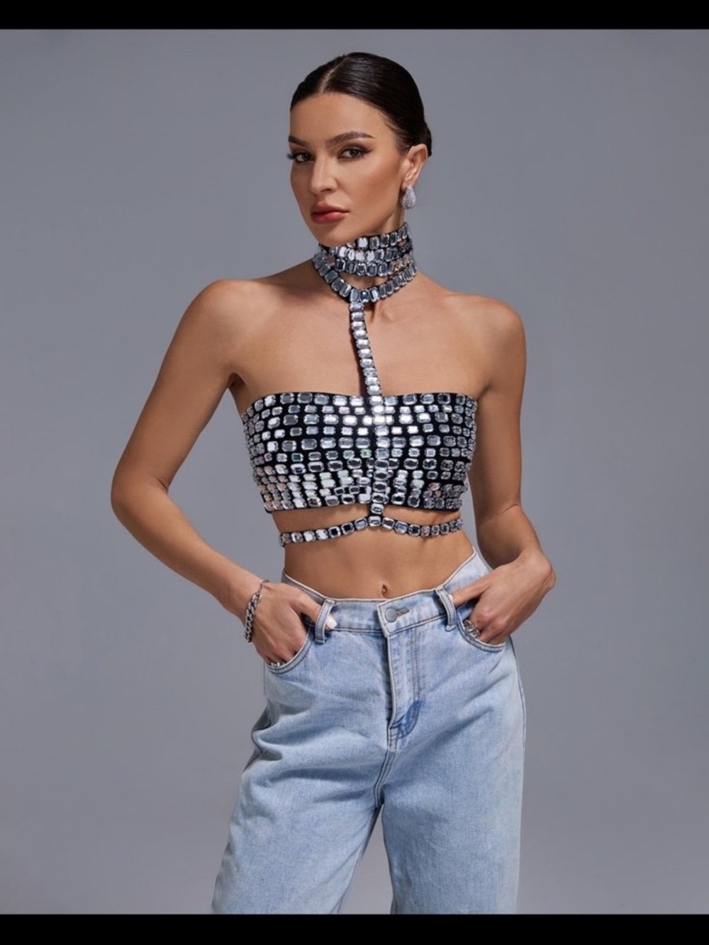 Rhinestone Crystal Bandeau Crop Top, body chain, Choker, rave festival, sparkle - Picture 5 of 12